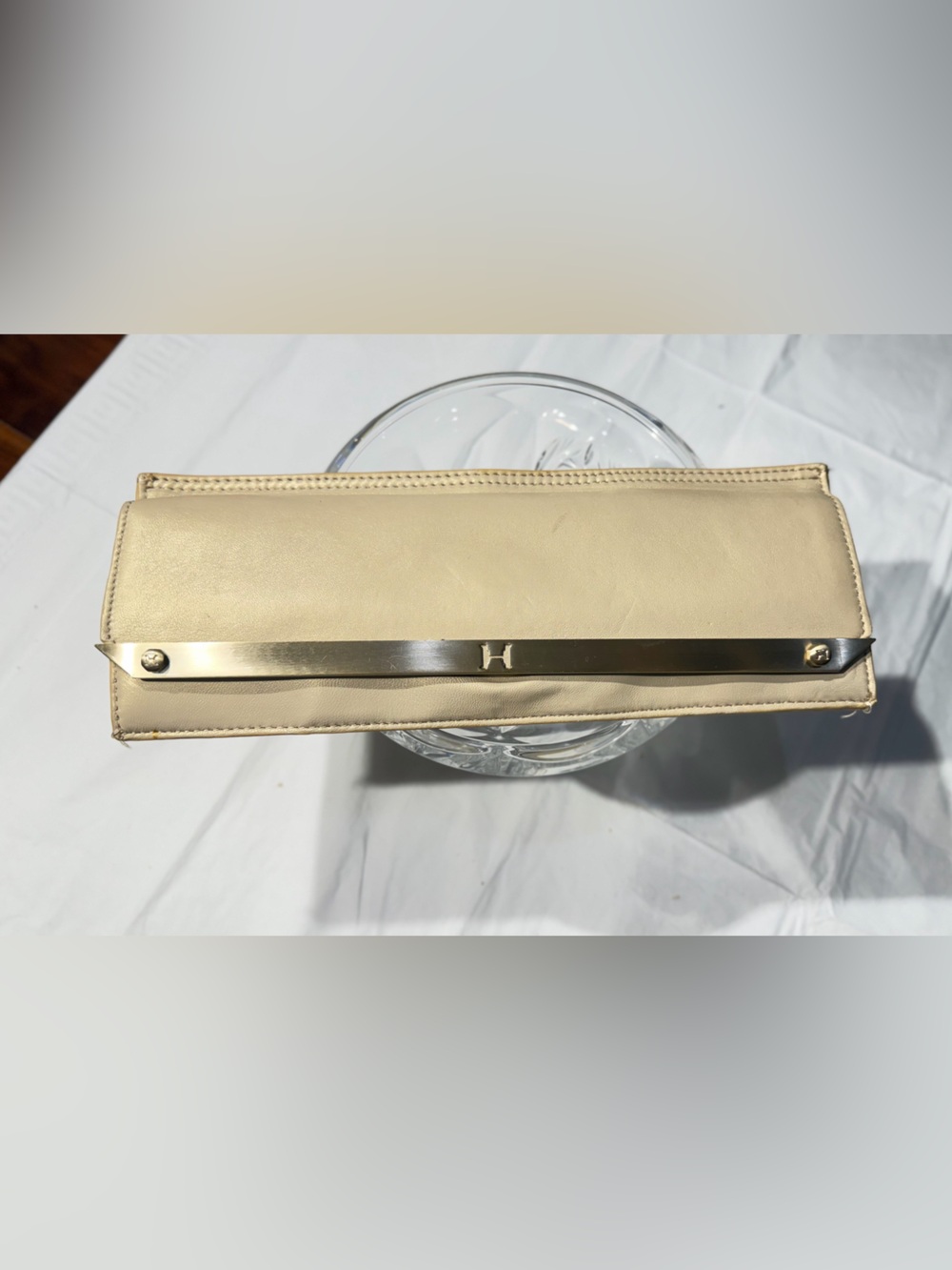 Halston Heritage Beige Leather Clutch with Gold Bar
